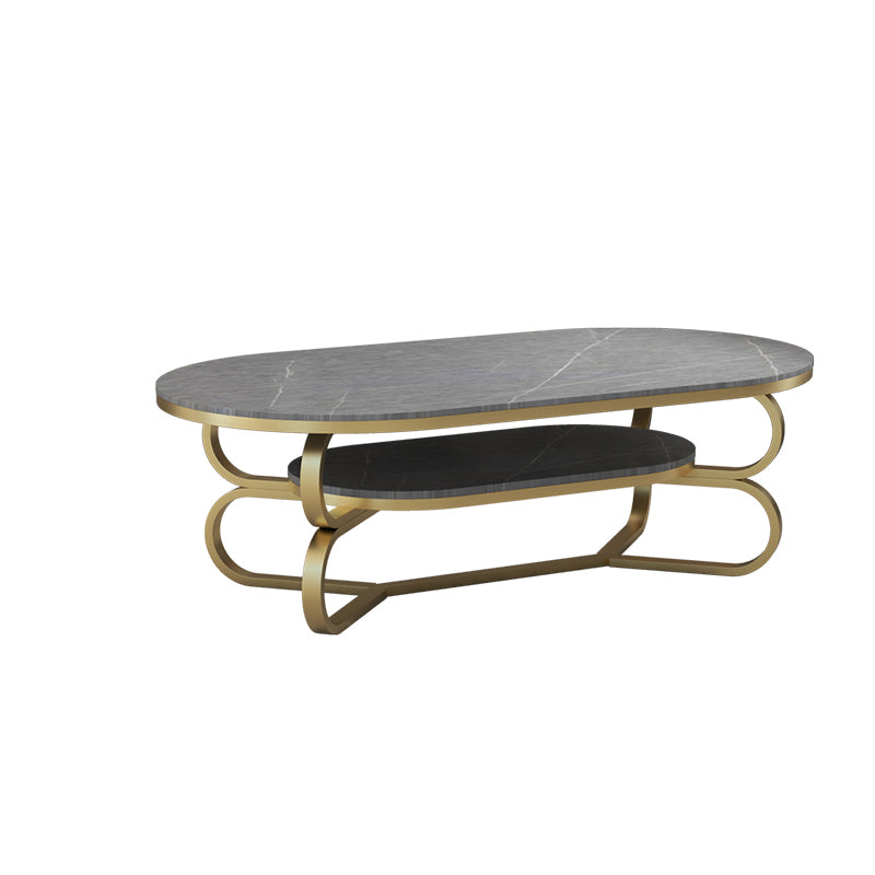 Metal Abstract Base Cocktail Table Oval Slate Top Coffee Table with Shelf