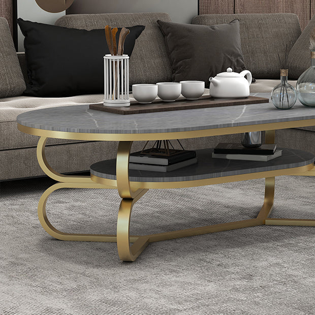 Metal Abstract Base Cocktail Table Oval Slate Top Coffee Table with Shelf