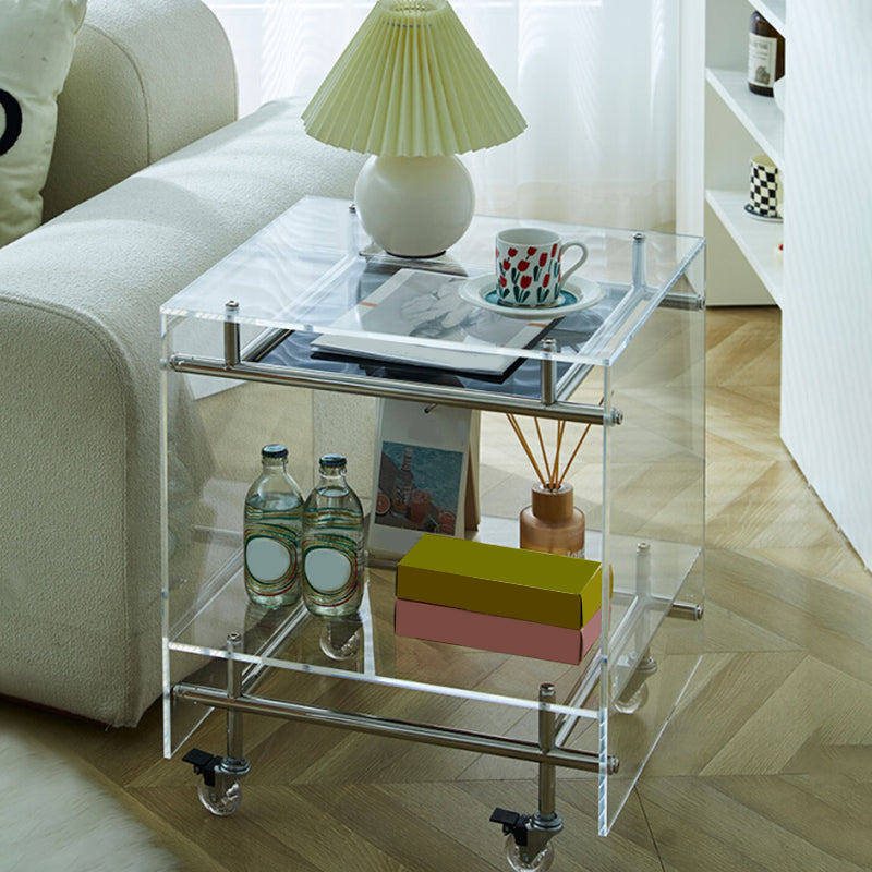 Acrylic End Table with Casters 21.7" Tall Rectangular Side Table with Storage Shelf