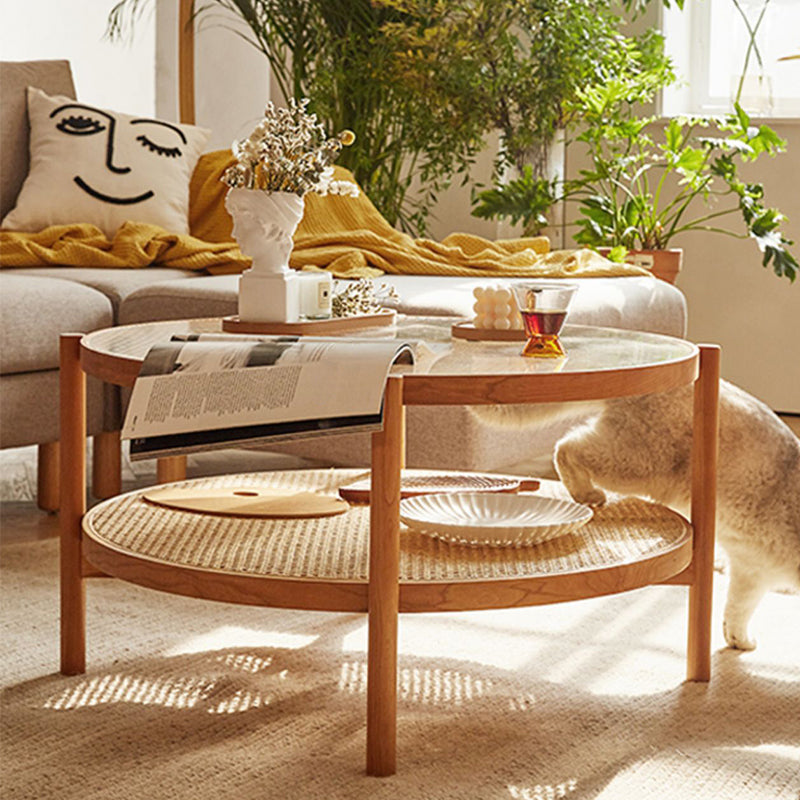 Tropical Cocktail Table Solid Wood Storage Round Coffee Cocktail Table
