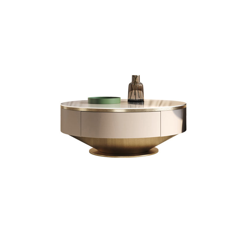 Round Pedestal Coffee Table Glam Stone Cocktail Table with 2 Drawers