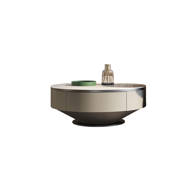 Round Pedestal Coffee Table Glam Stone Cocktail Table with 2 Drawers