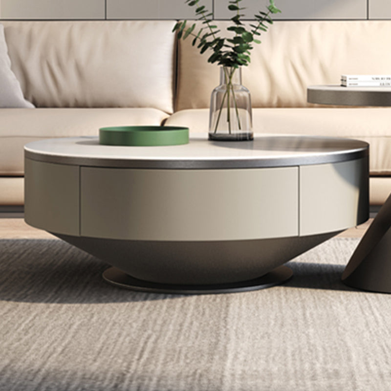 Round Pedestal Coffee Table Glam Stone Cocktail Table with 2 Drawers