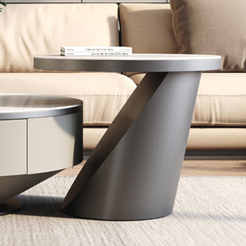 Round Pedestal Coffee Table Glam Stone Cocktail Table with 2 Drawers