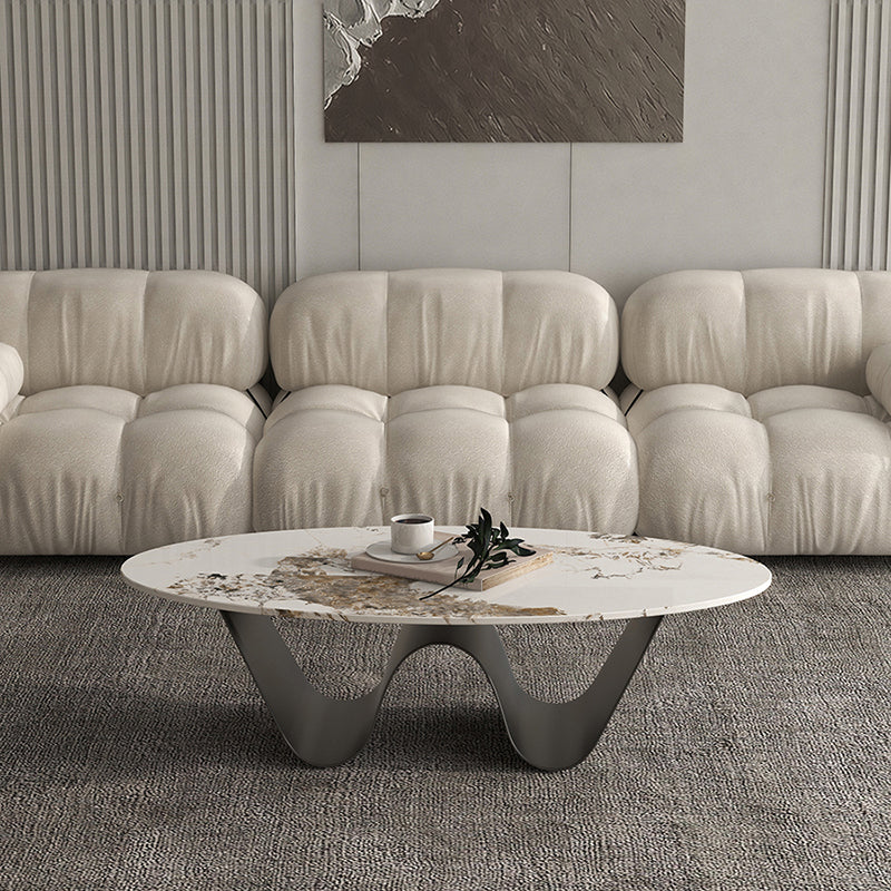 Metal Abstract Base Cocktail Table Glam Oval Slate Top Coffee Table