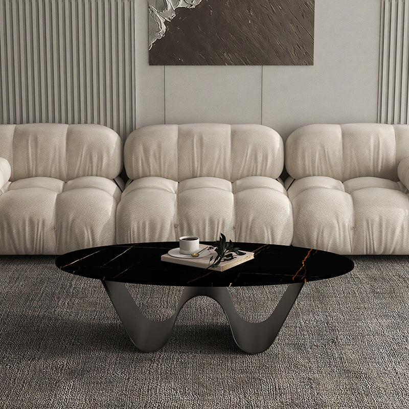Metal Abstract Base Cocktail Table Glam Oval Slate Top Coffee Table