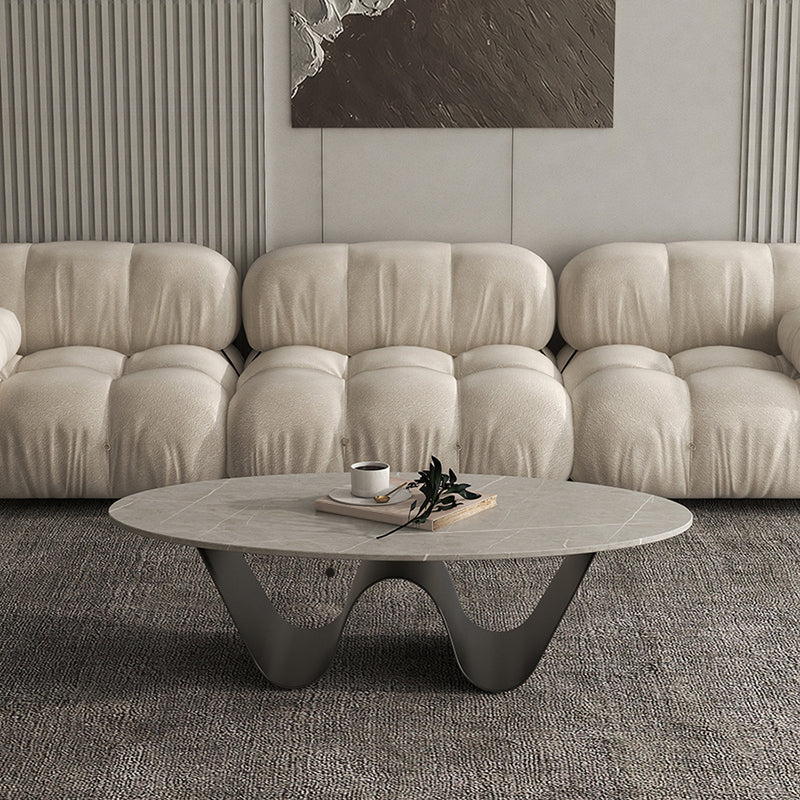Metal Abstract Base Cocktail Table Glam Oval Slate Top Coffee Table