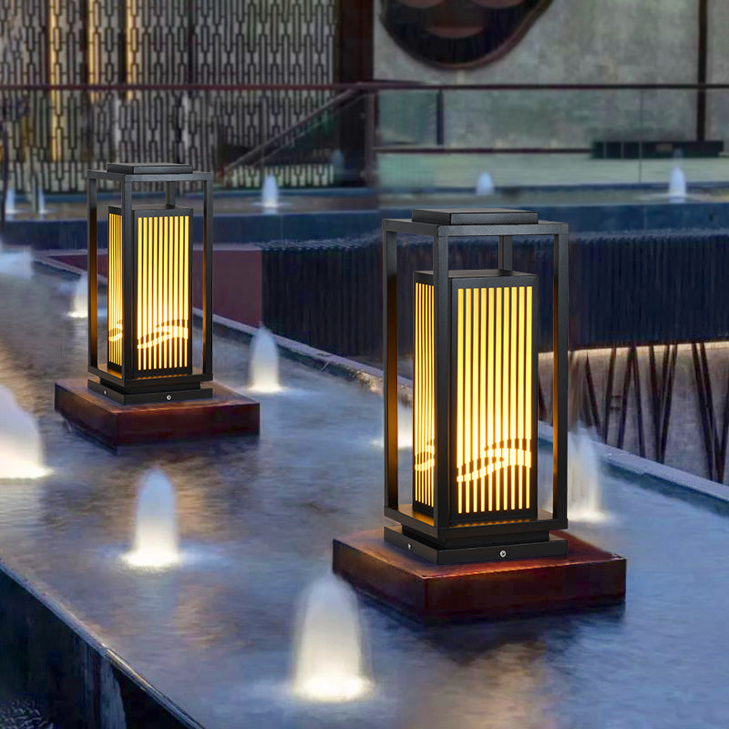 Rectangular Solar Pillar Lamp Modern Metal Outdoor Waterproof Light in Black