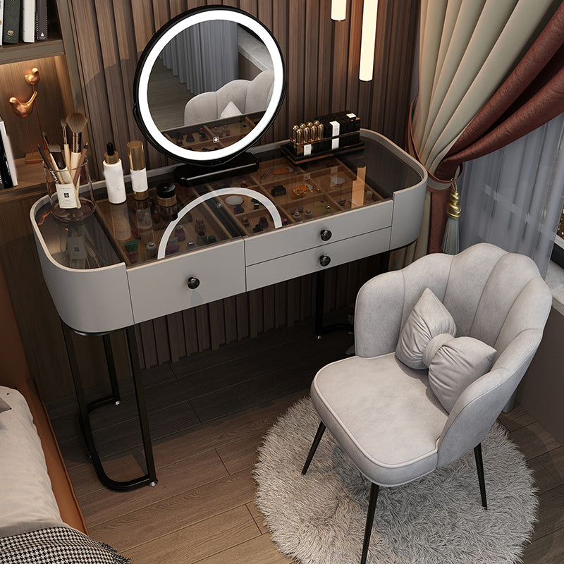 Contemporary Glass Top Make-up Vanity with Drawers in Wooden Frame