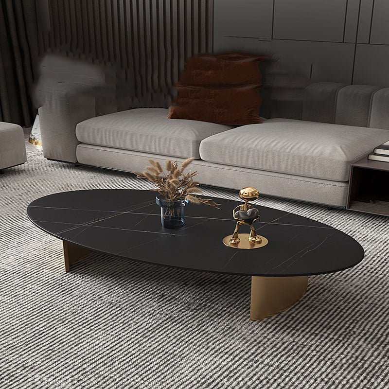 Glam Oval Slate Top Coffee Table Steel 2 Legs Cocktail Table