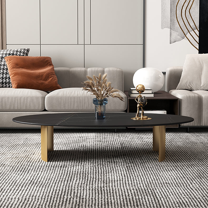 Glam Oval Slate Top Coffee Table Steel 2 Legs Cocktail Table