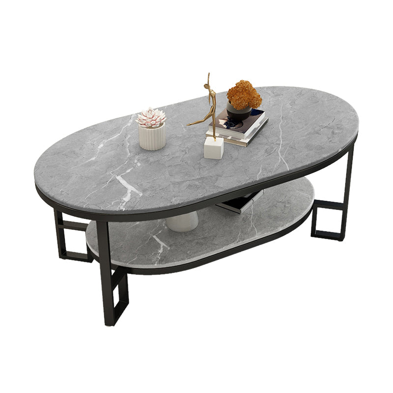 Oval Slate Top Coffee Table Iron 4 Legs Cocktail Table with Shelf