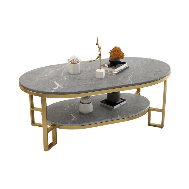 Oval Slate Top Coffee Table Iron 4 Legs Cocktail Table with Shelf