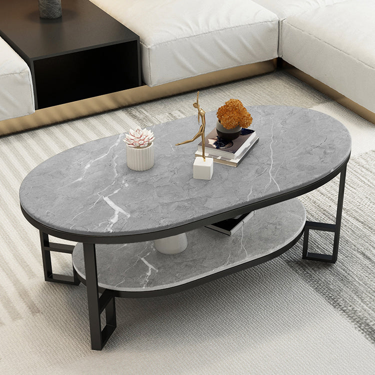 Oval Slate Top Coffee Table Iron 4 Legs Cocktail Table with Shelf