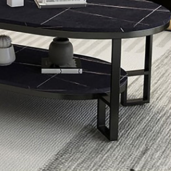 Oval Slate Top Coffee Table Iron 4 Legs Cocktail Table with Shelf