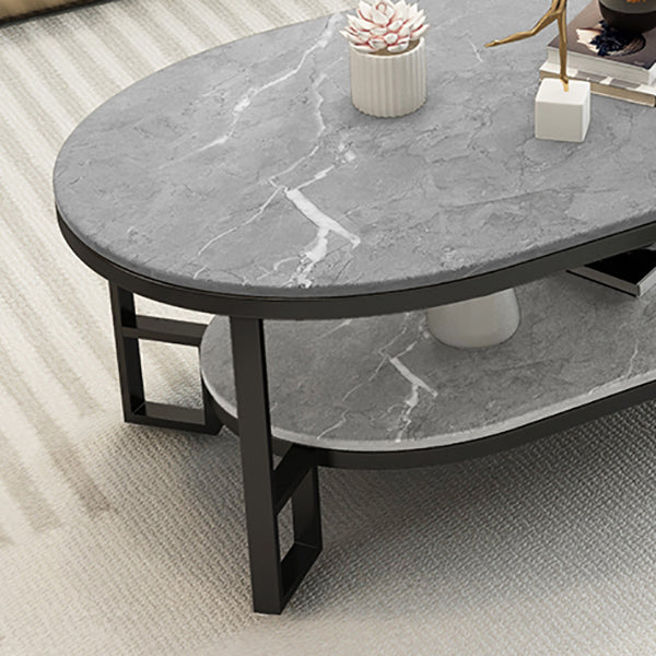 Oval Slate Top Coffee Table Iron 4 Legs Cocktail Table with Shelf