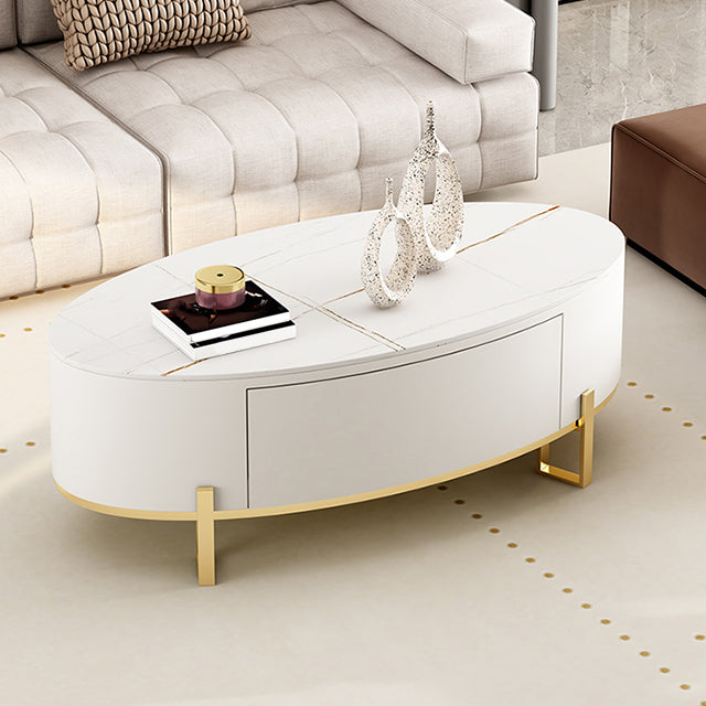 4 Legs Coffee Table Oval Slate Top Cocktail Table with Drawer