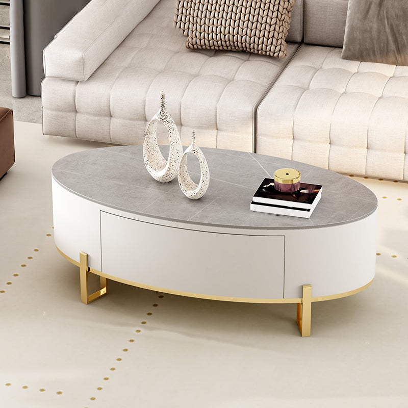 4 Legs Coffee Table Oval Slate Top Cocktail Table with Drawer