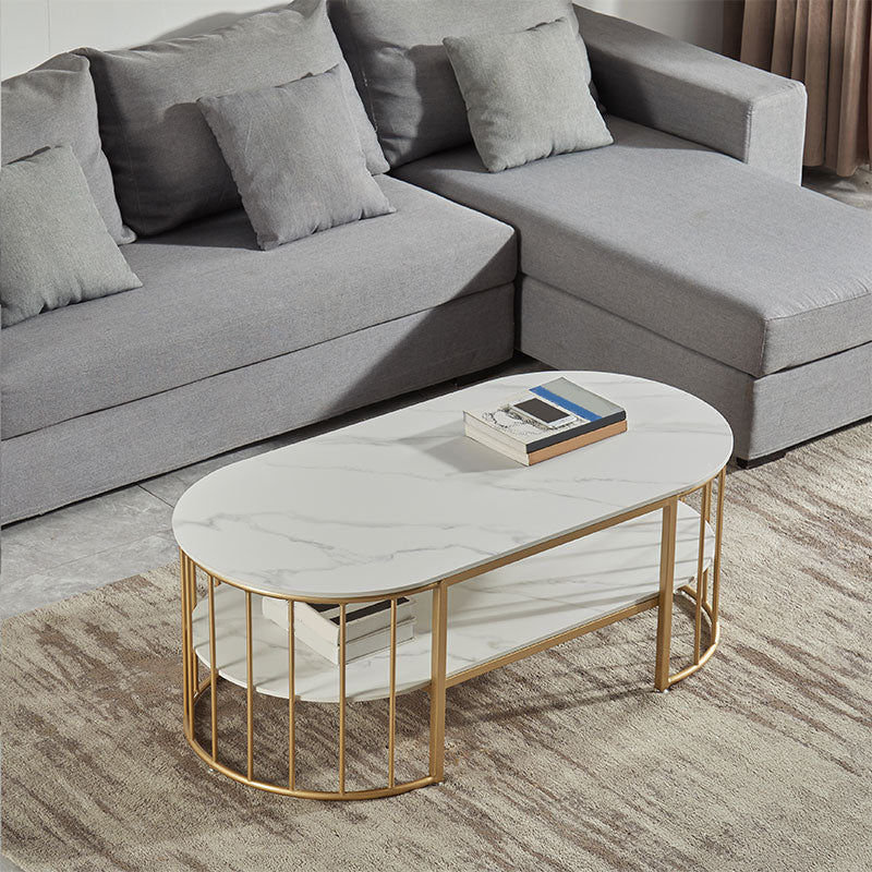 Oval Top Coffee Table Steel Sled Base Cocktail Table with Shelf