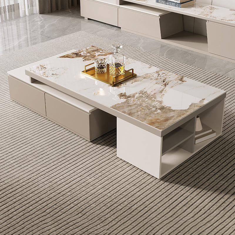 Rectangle Stone Cocktail Table Glam Single Coffee Table with Storage Drawers