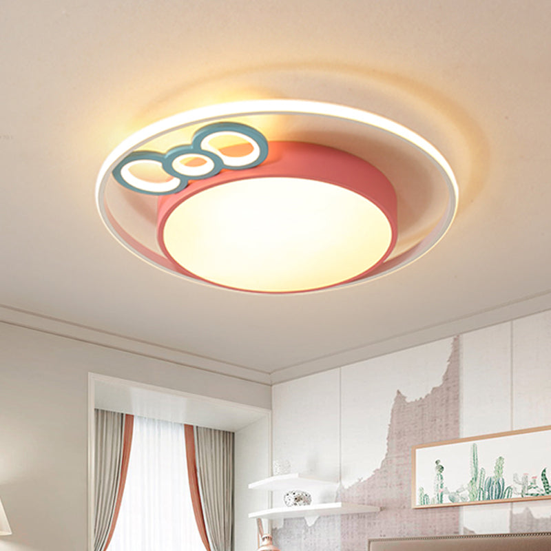 Drum Flush Pendant Ceiling Light Contemporary Acrylic Blue/Pink LED Flush Mount with Bownot for Bedroom