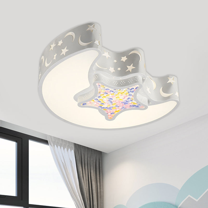 Moon and Star Ceiling Mounted Fixture Contemporary Acrylic White/Pink/Blue LED Flush Pendant Light for Bedroom