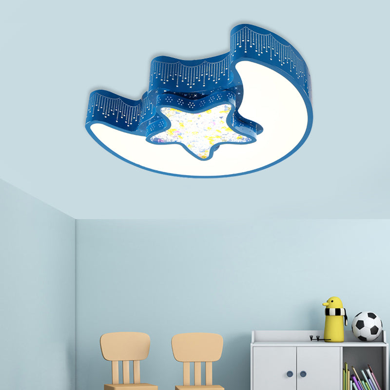 Kids Style Moon and Pentagram Ceiling Flush Acrylic Bedroom LED Flushmount Lighting with Starry Design for Bedroom in Blue/Pink/White