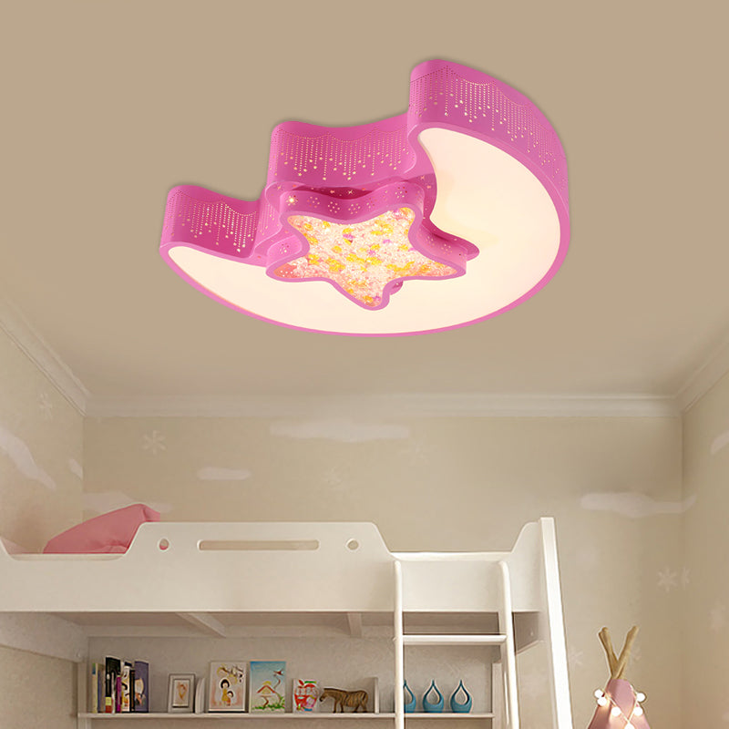 Kids Style Moon and Pentagram Ceiling Flush Acrylic Bedroom LED Flushmount Lighting with Starry Design for Bedroom in Blue/Pink/White