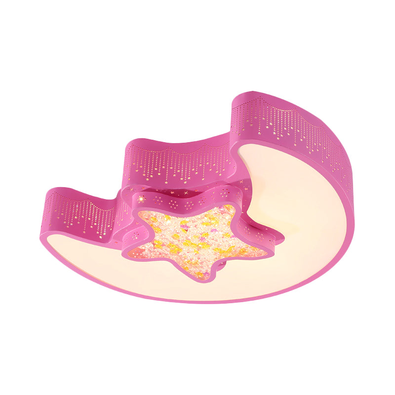 Kids Style Moon and Pentagram Ceiling Flush Acrylic Bedroom LED Flushmount Lighting with Starry Design for Bedroom in Blue/Pink/White
