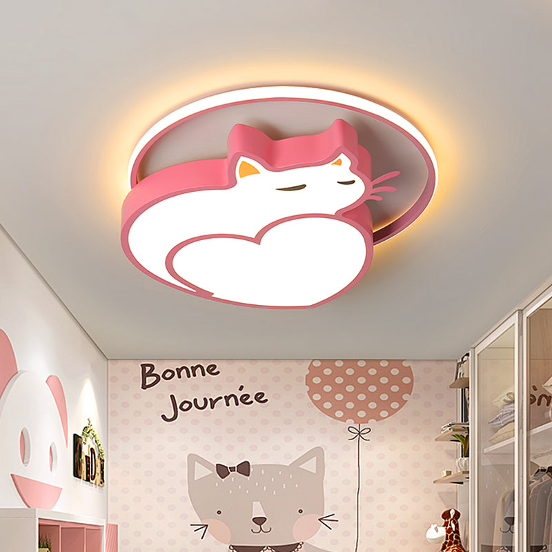 Pink Cat Shaped Ceiling Mounted Fixture Kids Style Acrylic LED Flushmount Lighting with Ring for Bedroom in Warm/White Light