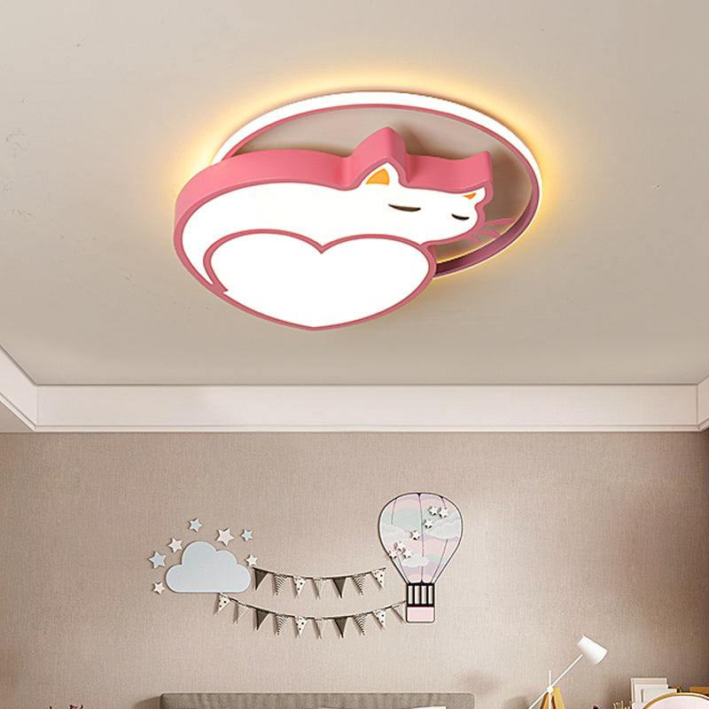 Pink Cat Shaped Ceiling Mounted Fixture Kids Style Acrylic LED Flushmount Lighting with Ring for Bedroom in Warm/White Light