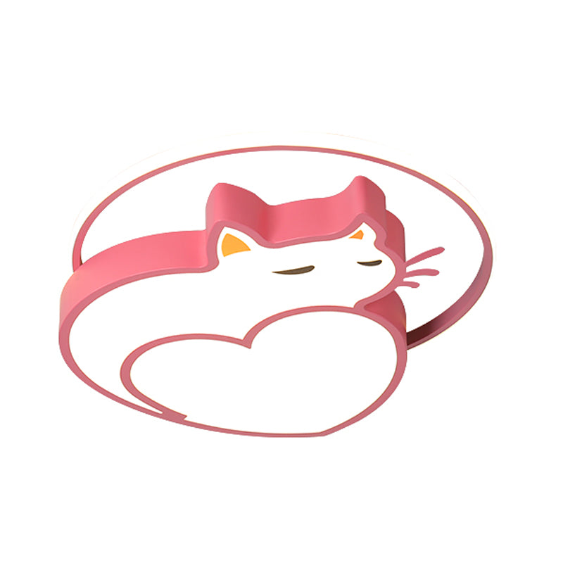 Pink Cat Shaped Ceiling Mounted Fixture Kids Style Acrylic LED Flushmount Lighting with Ring for Bedroom in Warm/White Light
