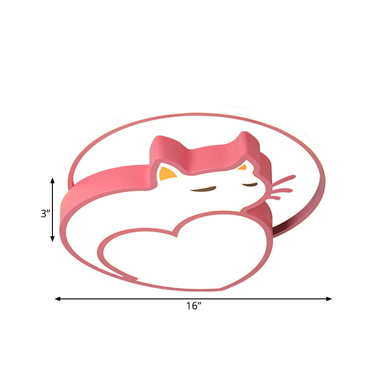 Pink Cat Shaped Ceiling Mounted Fixture Kids Style Acrylic LED Flushmount Lighting with Ring for Bedroom in Warm/White Light