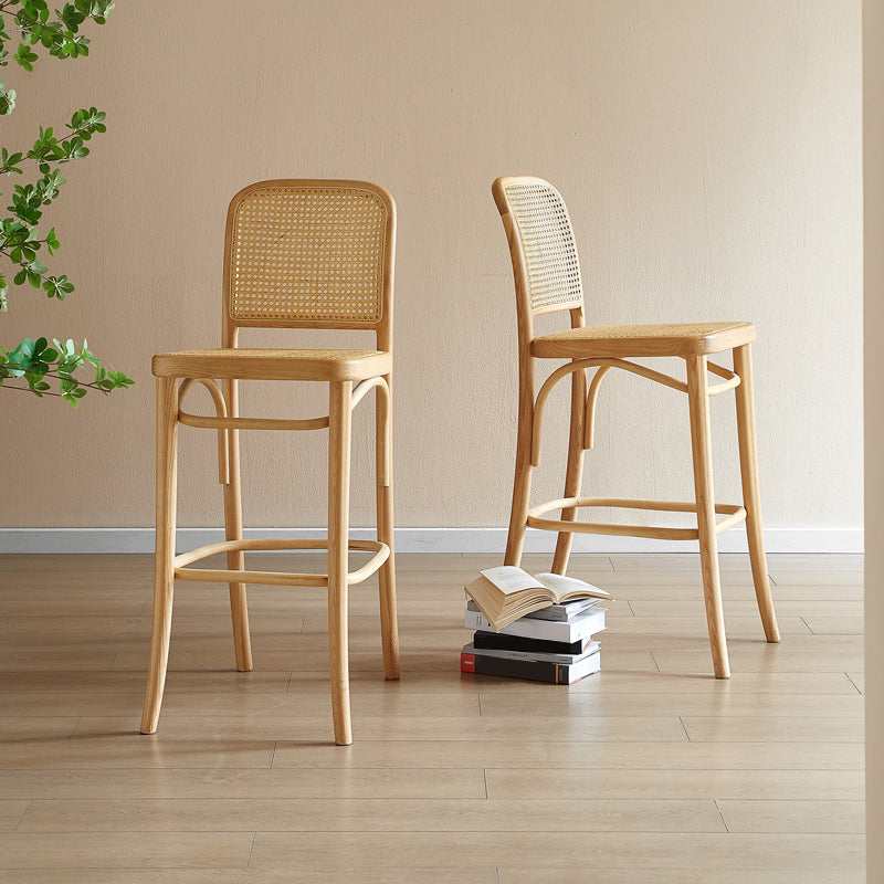 Contemporary Armless Rattan Bar Stool with Ash Solid Wood Base