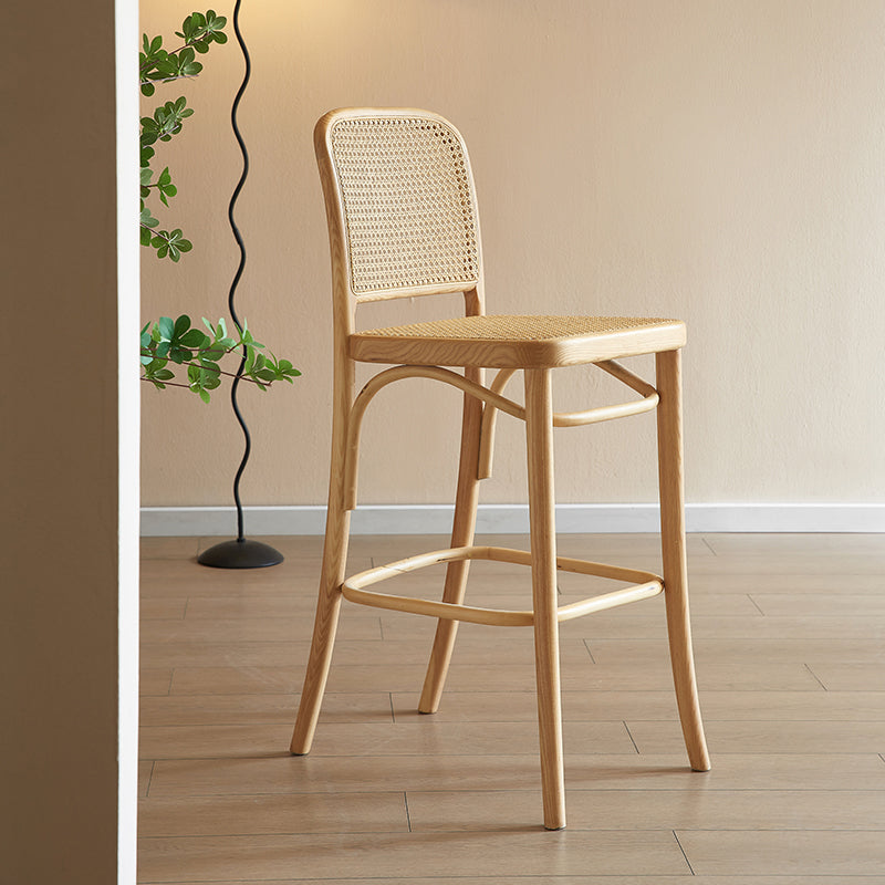 Contemporary Armless Rattan Bar Stool with Ash Solid Wood Base