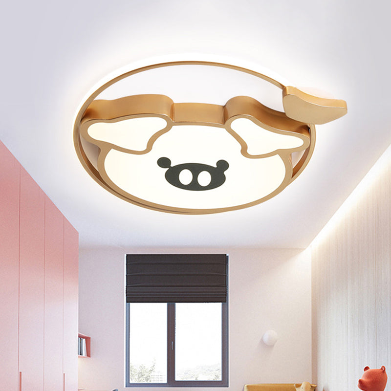 Cartoon Style LED Ceiling Mounted Fixture Pink/Gold Lovely Pig Flush Light with Acrylic Shade for Bedroom