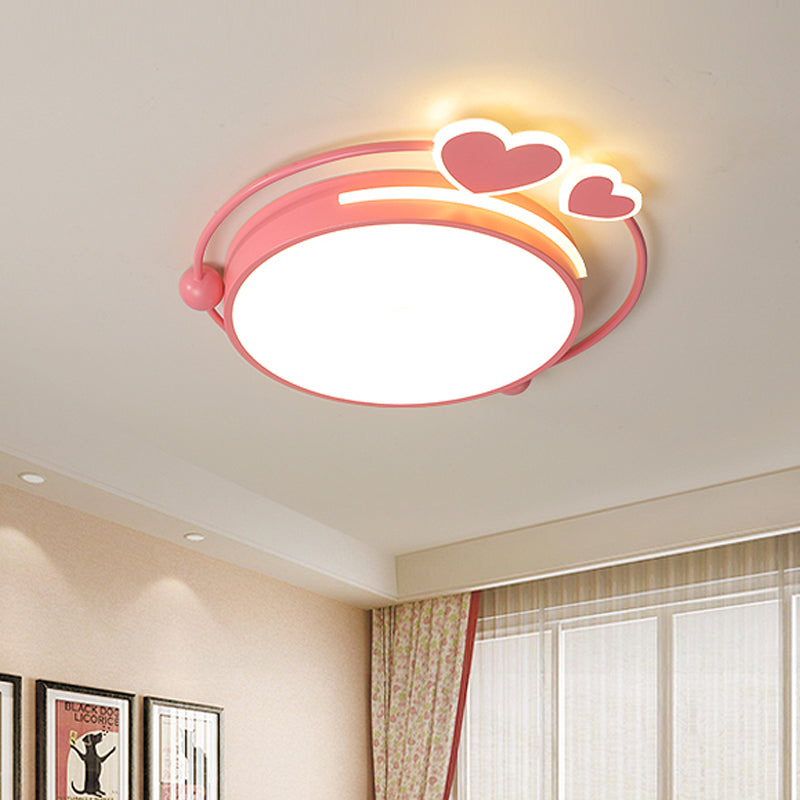 Pink Drum Flush Mount Fixture Modernist Acrylic LED Flush Mount Ceiling Lamp with Loving Heart Design in Warm/White Light