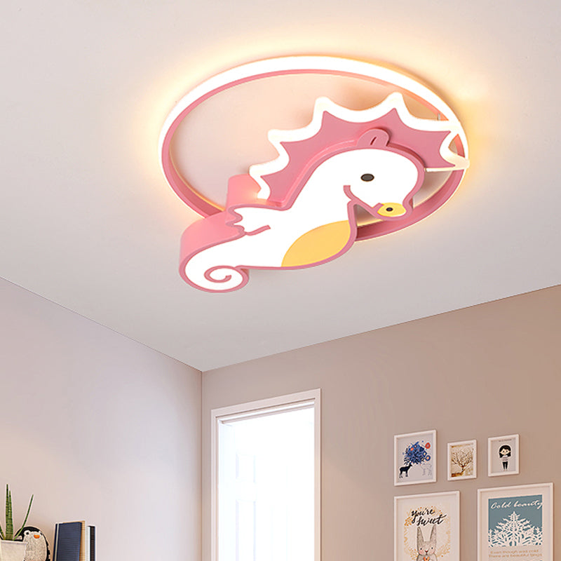 Modernist Sea Horse Flush Mount Ceiling Lamp Acrylic Kindergarten Pink LED Lighting Fixture with Ring in Warm/White Light