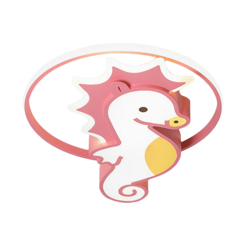 Modernist Sea Horse Flush Mount Ceiling Lamp Acrylic Kindergarten Pink LED Lighting Fixture with Ring in Warm/White Light