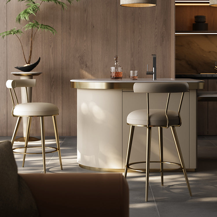 Glam Style Low Back Round Upholstered Bar Stool with Metal Legs