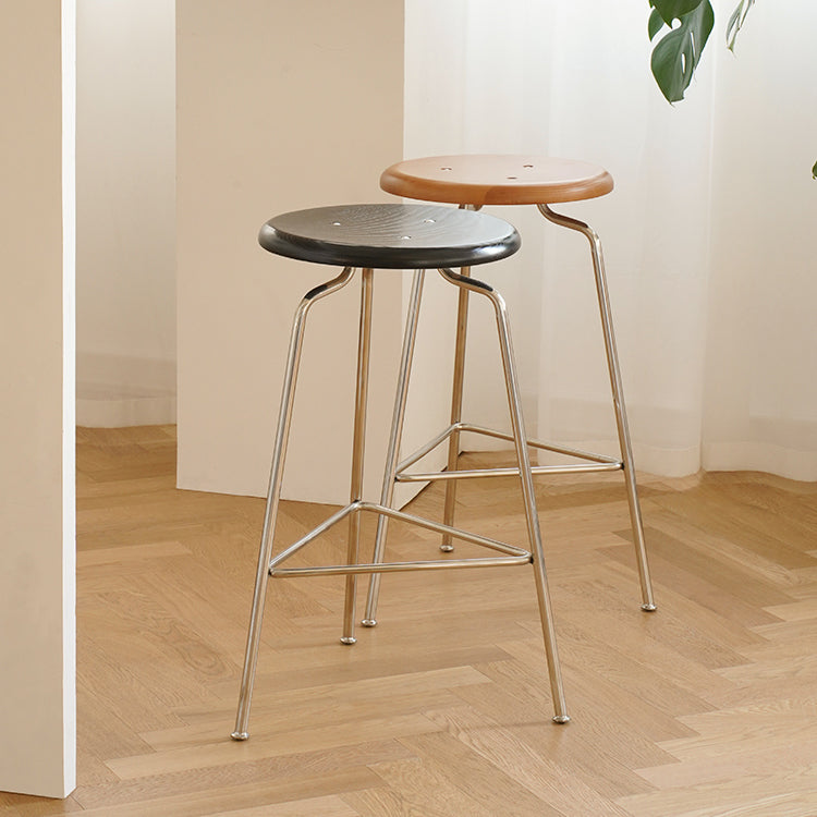 Contemporary Solid Wood Round Armless Bar Stool with Metal Base