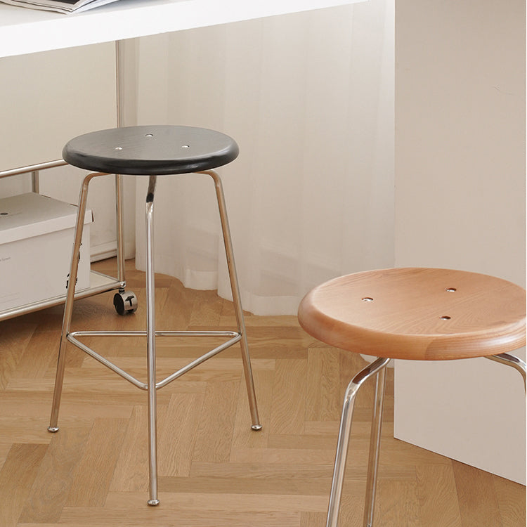 Contemporary Solid Wood Round Armless Bar Stool with Metal Base