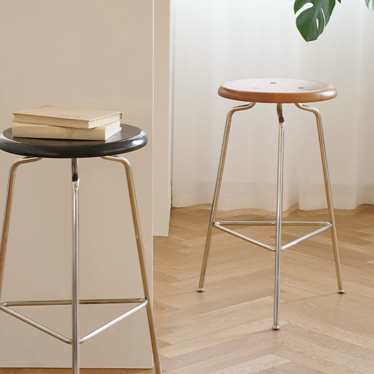 Contemporary Solid Wood Round Armless Bar Stool with Metal Base