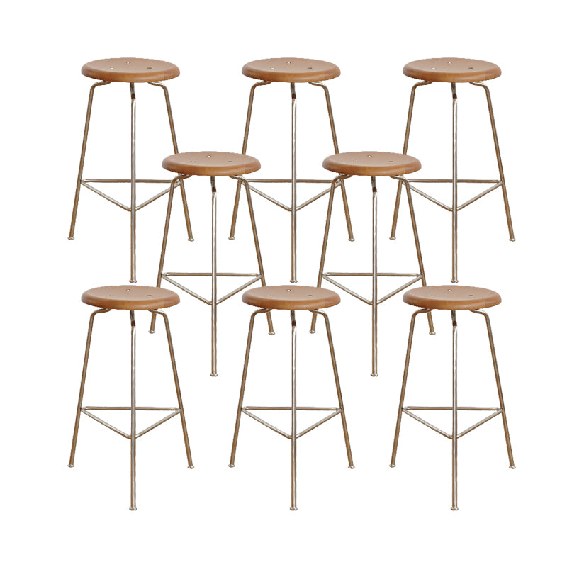 Contemporary Solid Wood Round Armless Bar Stool with Metal Base