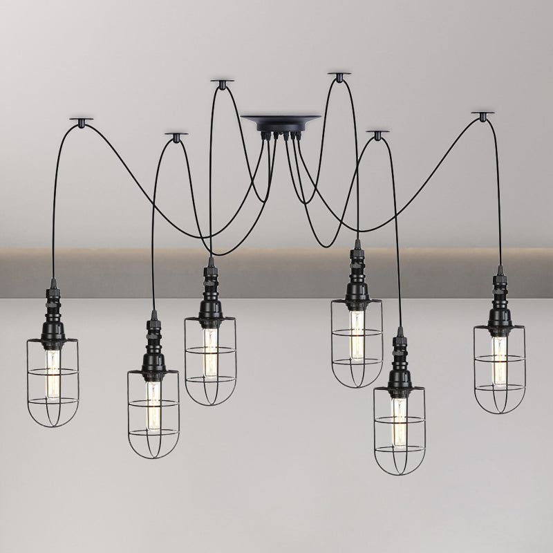 2/3/6 lampen Swag hanglampverlichting Antiqued Caged Iron Mini Meerdere hangende lamp in het zwart