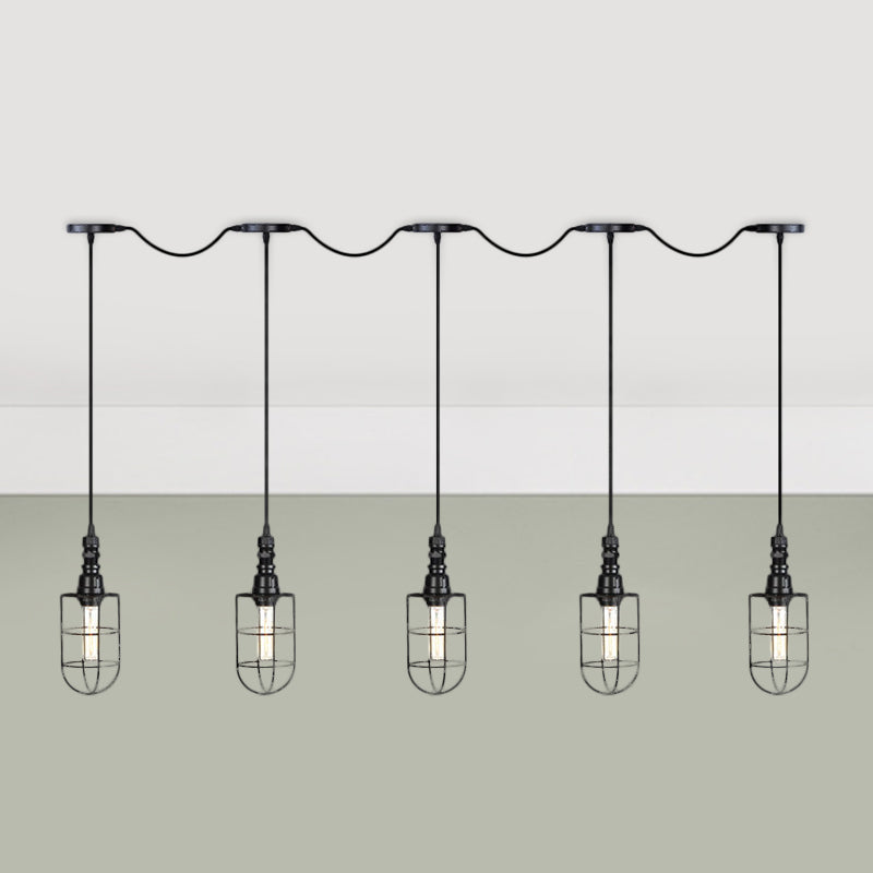 3/5/7-Head Iron Tandem Multi Ceiling Light Rustic Black Finish Wire Cage Restaurant Pendulum Lamp