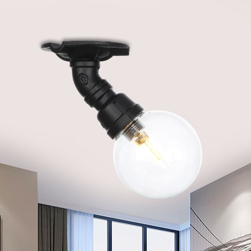 Orb Clear Glass Semi Flush Lighting Industrial 1 Bulb Restaurant Ceiling Mounted Fixture in Black