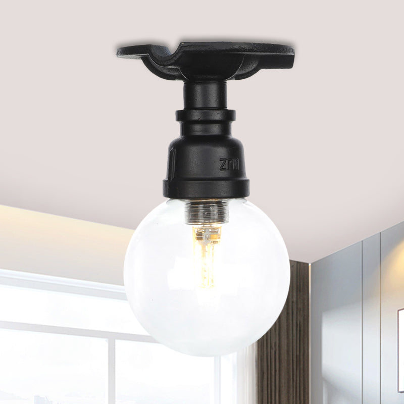 Orb Clear Glass Semi Flush Lighting Industrial 1 Bulb Restaurant Ceiling Mounted Fixture in Black