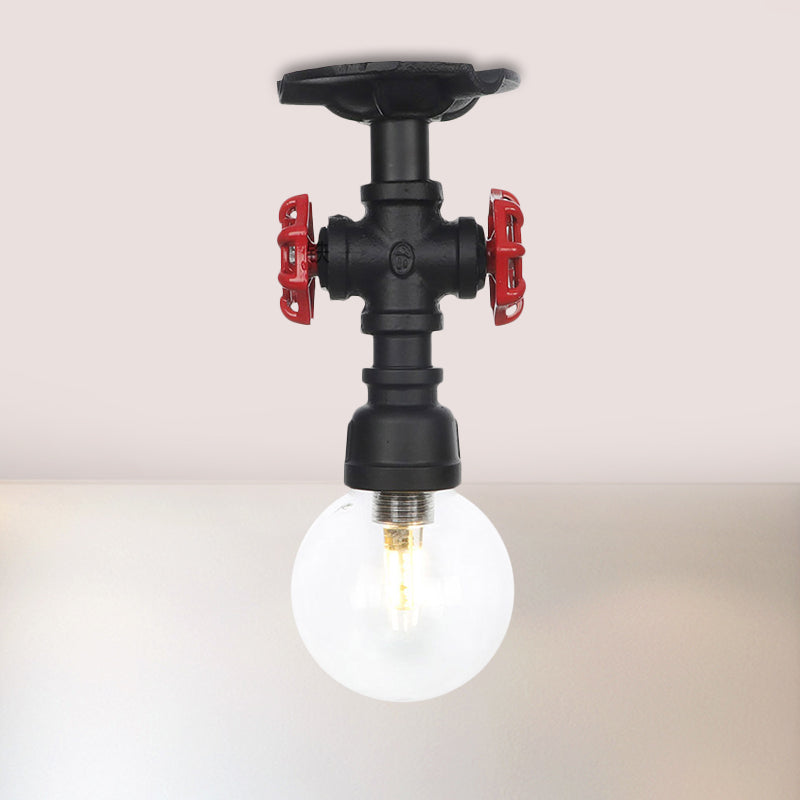 Orb Clear Glass Semi Flush Lighting Industrial 1 Bulb Restaurant Ceiling Mounted Fixture in Black
