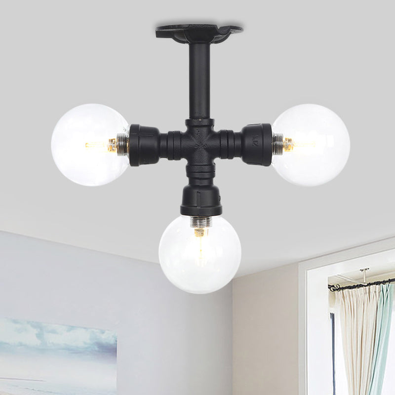 Industrial-Style Orb Semi Flush Light 3/4 Lights Clear Glass LED Flushmount Lamp in Black